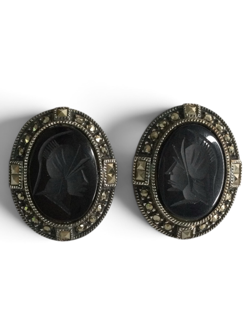 Vintage Judith Jack Sterling Silver Marcasite Intaglio Brooch & Earrings Set - Picture 11 of 13